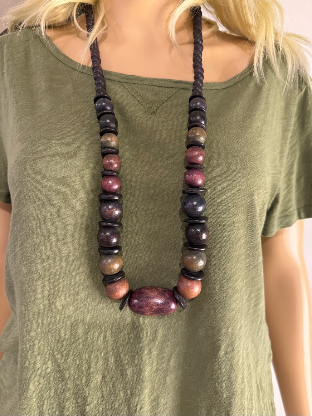 Laila Rowe Multi-Color Wooden Bead Necklace - Plum, Brown & Olive